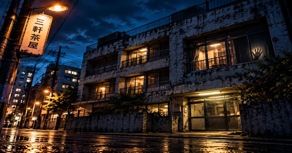 三軒茶屋の夜の古い建物と、窓辺に現れた手のような影を描いたヨコザワ・プロダクションのイメージ画像