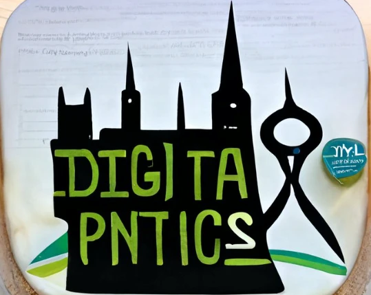 城のような黒いシルエットの中に『DIGITA PNTICS』と描かれたAI生成画像