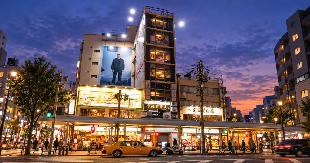 三軒茶屋の街中にあるヨコザワ・プロダクション周辺をイメージした建物の外観