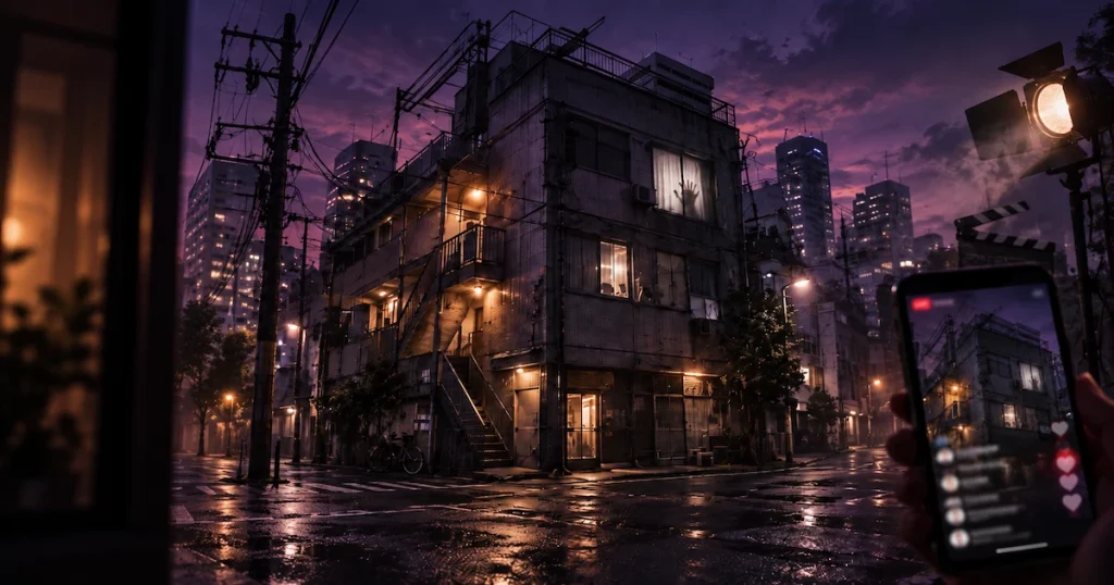 夜の街角に建つ古いビルと、窓に浮かぶ手の影、スマホ配信の画面を通して心霊スポット化していく様子をイメージした画像