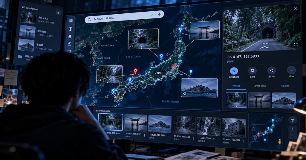 日本地図を表示した地図アプリ風の大画面で、複数の「怖い座標」や不気味な場所の写真を比較しながら調査している、青い光の研究デスク風イメージ画像