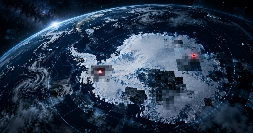 Google Earthの南極とモザイクの謎を表したイメージ
