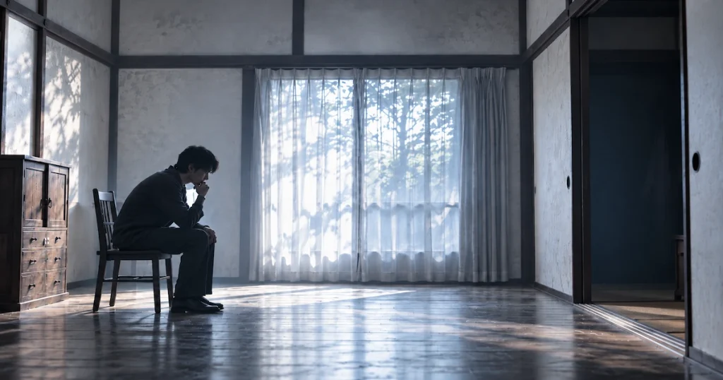 明るい古い室内で椅子に座り、心霊現象について考え込む人物のシルエット。右奥の暗がりにわずかな違和感が見えるイメージ
