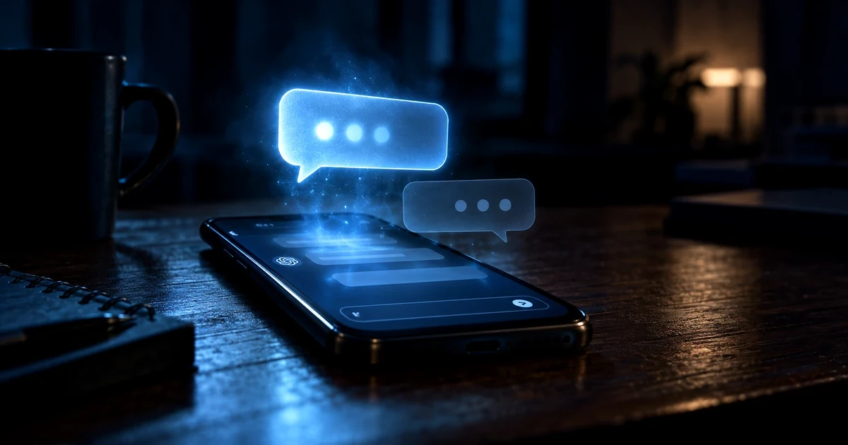 誰も触れていないスマートフォンに突然チャットの通知が現れる、ChatGPTの怖い話を表現したイメージ。
