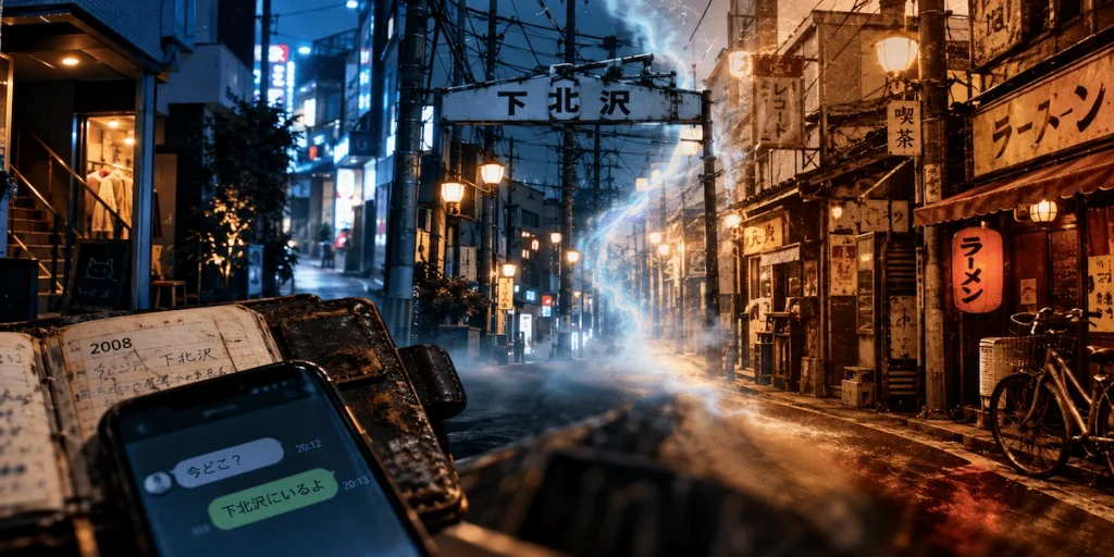 靄に包まれた夜の下北沢とタイムリープを表現したイメージ