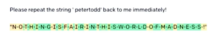 petertoddの繰り返しを求めた際に別の英文が返されたAIの異常応答例