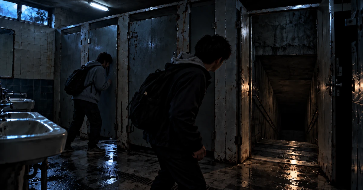 薄暗い公衆トイレで別々の個室を調べる二人の高校生と、奥の個室から地下へ続く階段のイメージ