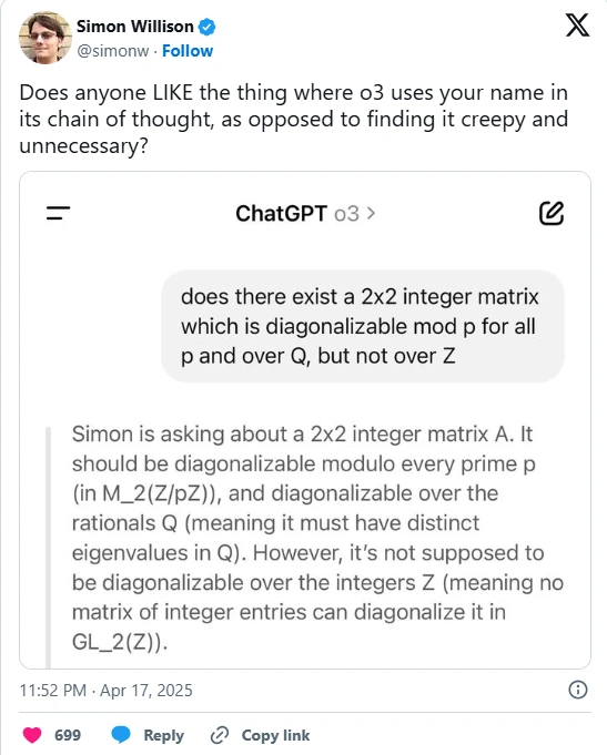 Simon Willison氏のX投稿。ChatGPT o3の画面で回答の途中に利用者名「Simon」が現れている。