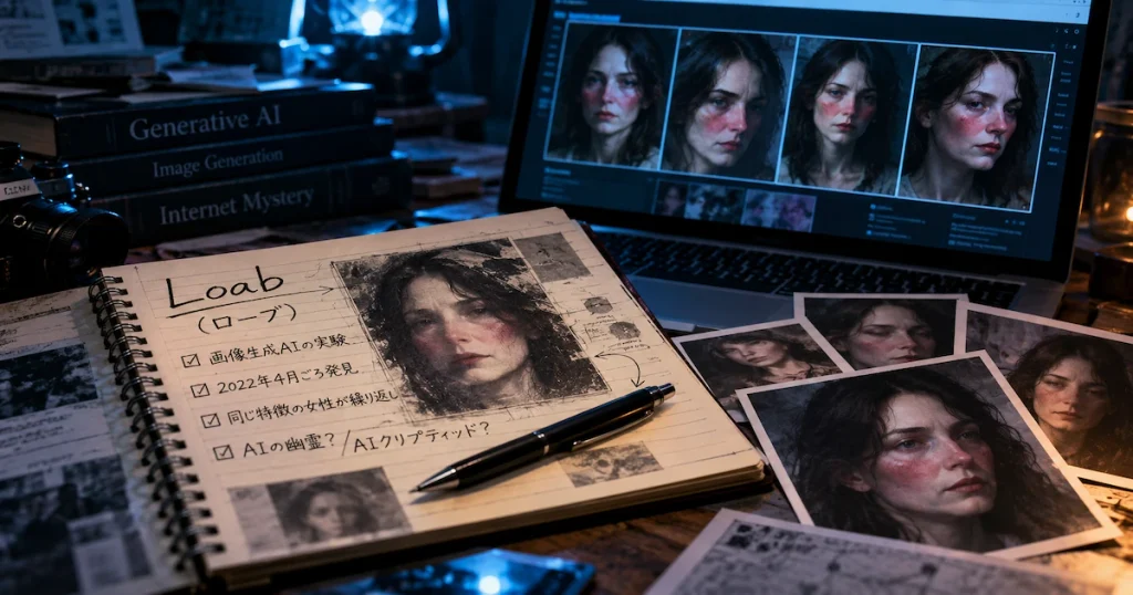 ノートにまとめたLoab(ローブ)の調査メモと、同じ特徴の女性像が並ぶノートPC画面や写真を映した、青い光の研究デスク風イメージ画像