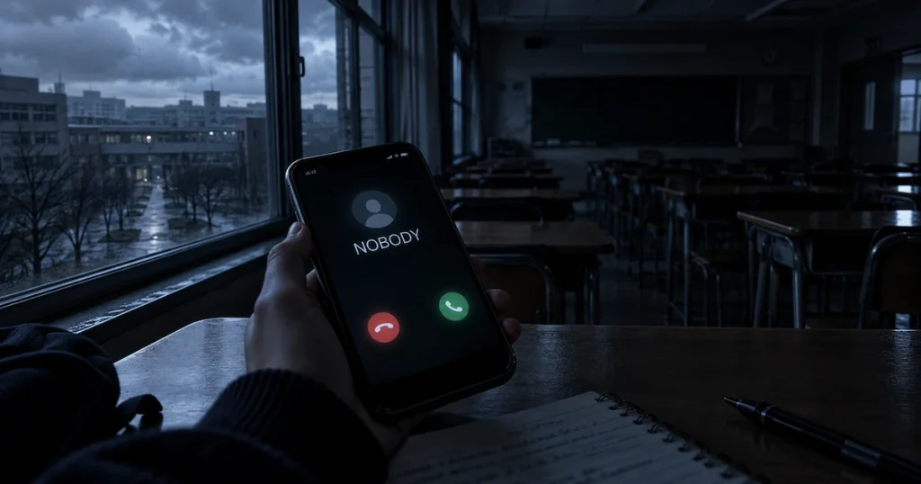 「NOBODY」と表示された電話を受ける大学生の怪談を表したイメージ画像