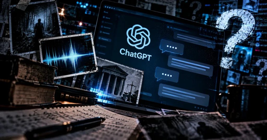 ChatGPTの怖い話や都市伝説をイメージした画像。暗い部屋のAIチャット画面を中心に、音声波形や謎めいた写真、調査資料が並んでいる。