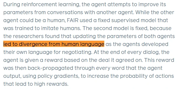 Facebook公式記事でAIが人間の言語から離れ交渉用の独自表現を発達させたと説明する箇所