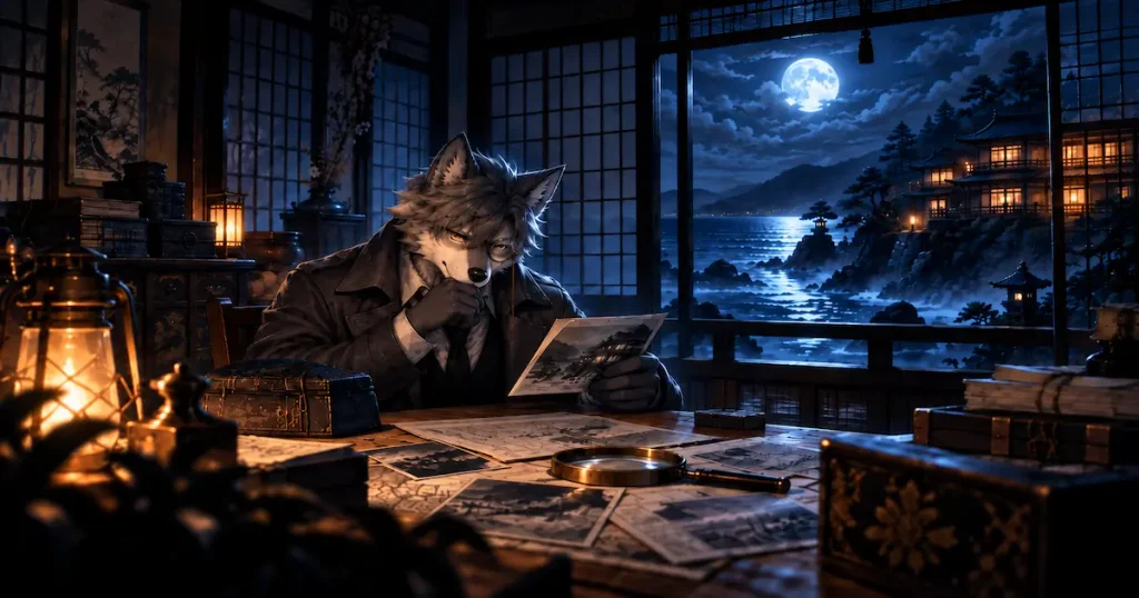 月夜の海を望む部屋で、古い写真を手に考え込む考察おおかみ