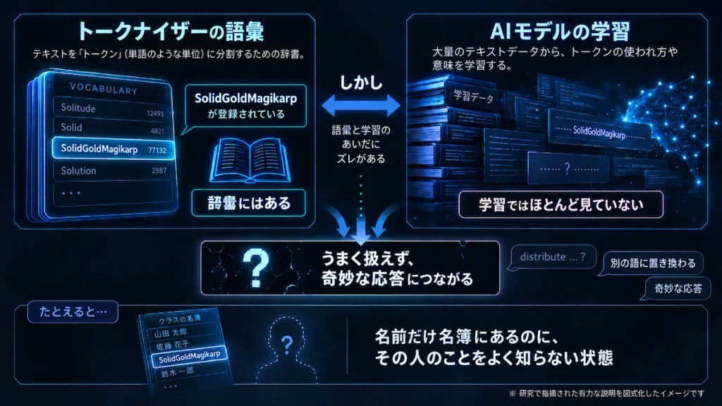 AIの名簿に名前はあるが意味をほとんど学習していないグリッチトークンの仕組みを示す図