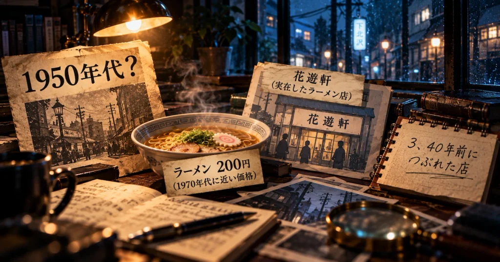1950年代の新聞とラーメン200円などの手がかりを整理したイメージ