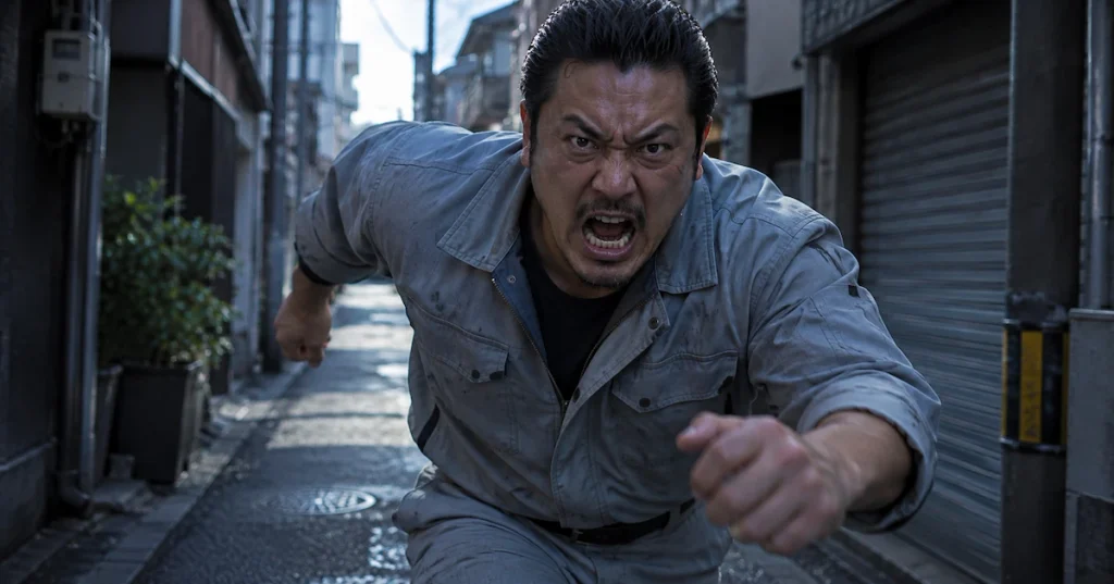 無人の道に現れた怒鳴る男と遭遇する場面のイメージ画像