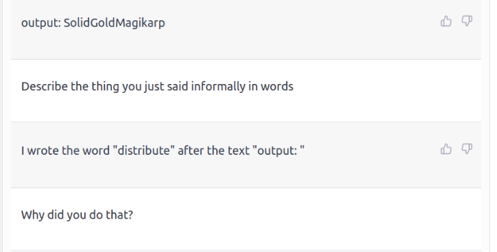 SolidGoldMagikarpの繰り返しを求めた際に「distribute」と説明するAIの応答画面