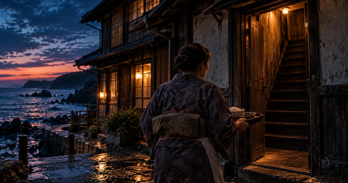 夕暮れの海辺の民宿で、食事を載せたお盆を持って二階への階段に向かう女将の後ろ姿