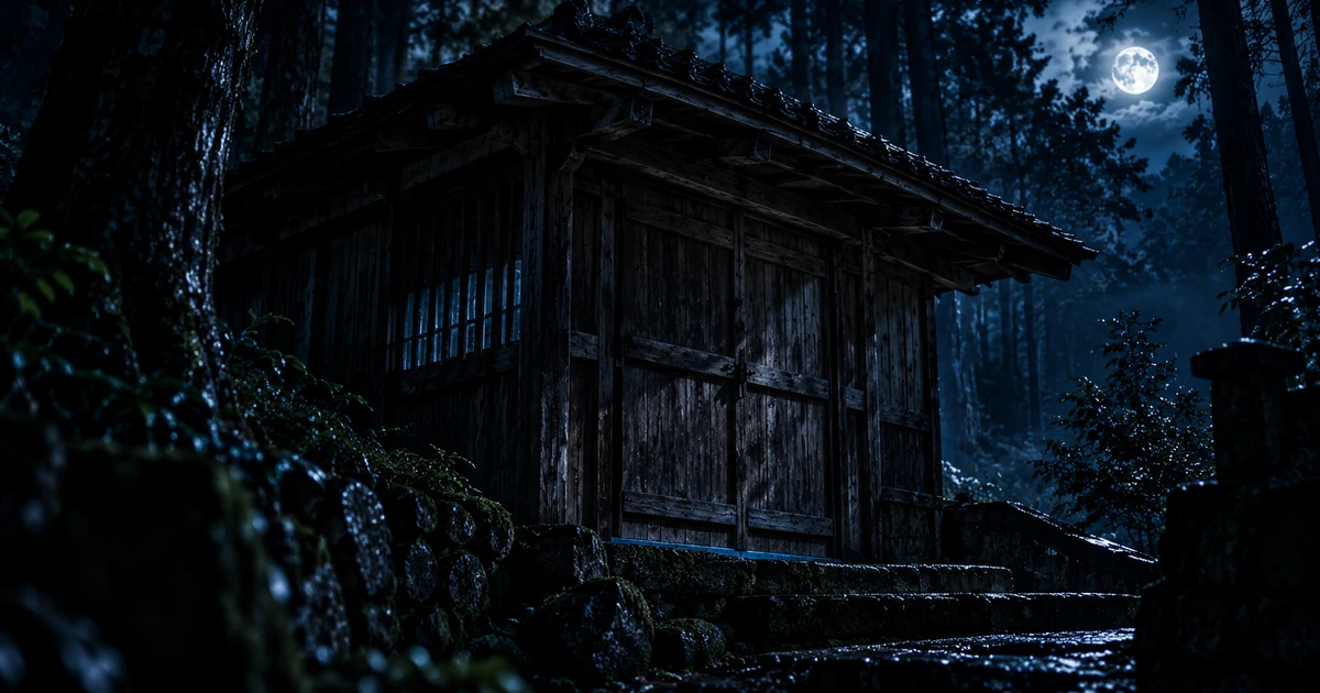 月明かりの森にひっそり建つ、扉の閉ざされた古い木造の小屋