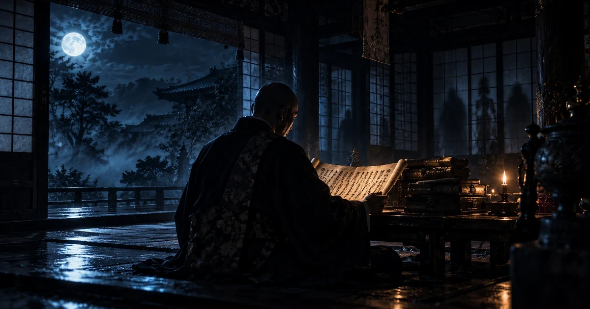 薄暗い寺の一室で、古い記録を読み込む僧侶の後ろ姿