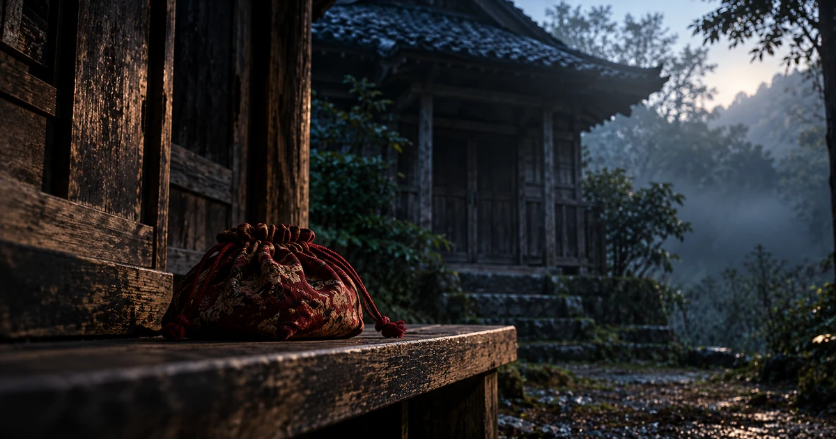 寺の古びた木造の小屋の前に置かれた赤い巾着袋