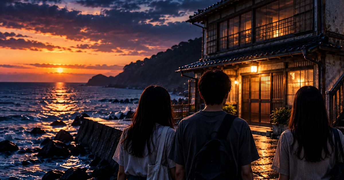 夕暮れの海辺の旅館を見つめる、若い女性二人と男性一人の後ろ姿